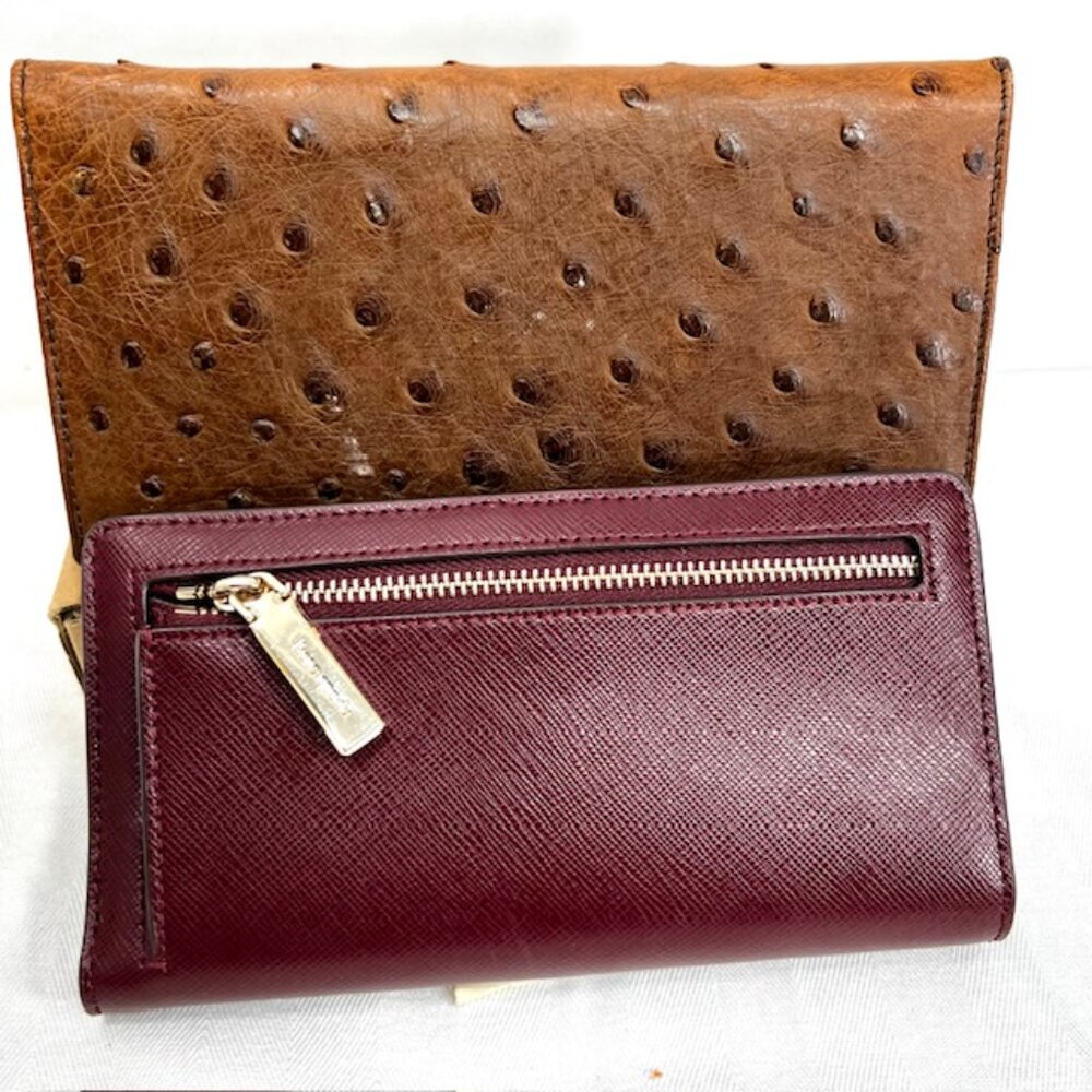 Vgt  ALOP  Milan Wallet made Italy  Ostritch Brown & Kate Spade N.Y. Burgendy 15 - Picture 2 of 15